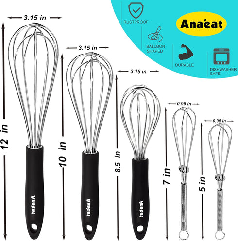Anaeat Stainless Steel Kitchen Whisk Set of 5, Milk and Egg Beater Blender for Cooking, Baking