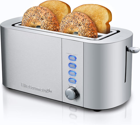 Elite Gourmet ECT4123 Long Slot 4 Slice Toaster, Extra Wide Slots, Bagel, Defrost & Cancel Functions, Stainless Steel