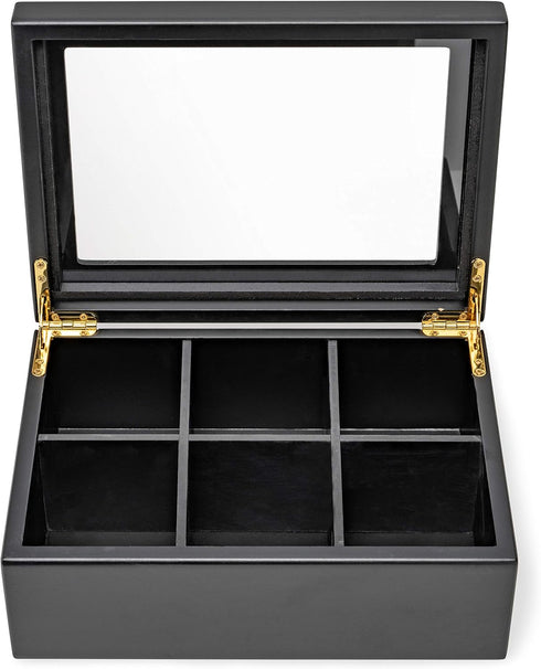 6 Break Tradition Wooden Tea Organizer For Tea Bags - Compartments, Clear Top Window, Lid Stays Open (Black)