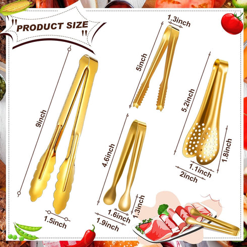 12 Pieces Tongs for Serving Utensils Mini Serving Tong Stainless Steel Appetizer Tongs Ice Sugar Tong Food Tong Cooking Tong for Salad Kitchen Buffet Party, 5 Inch, 9 Inch (Gold) by Sawysine
