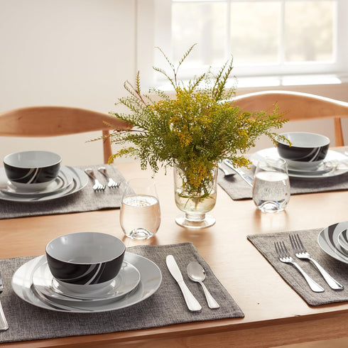 18-Piece Set, 6, Amazon Basics Complete Kitchen Dinnerware Microwave and Dishwasher Safe, Plates, Dishes, Bowls, Swirl