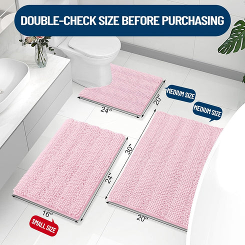 Grandaily Chenille Striped Bathroom Rugs, Extra Thick Non-Slip Soft Plush Bath Mats, Pink 30x20