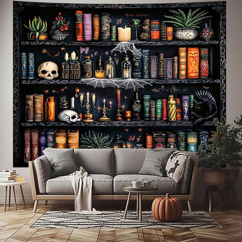 Algasan 78.7 59.1 Inches Magic Bookshelf Tapestry Magical Book Tapestry Gothic Witchy Vintage Library Skull Potion
