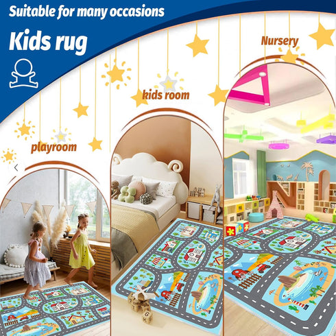 47''x71'' Kids Rug Car Rugs Playmat for Kids Toy Cars for Playroom Classroom Kid Room, Educational Rugs with Non-Slip