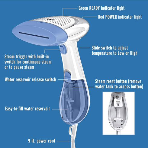 Conair Handheld Garment Steamer for Clothes, ExtremeSteam 1200W, Portable Design, White/Blue