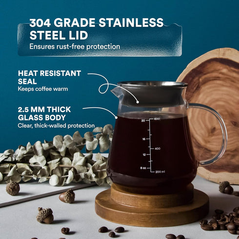 Glass Range Coffee Server for Pour Over Coffee & Tea, 600ml/20oz Ovalware Microwave Safe & Heatproof 2.5mm Thick Glass