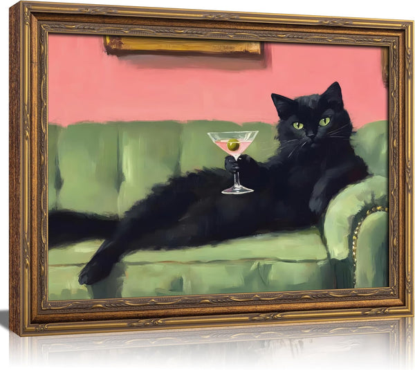 Vintage Gold Framed Cat Wall Art Cocktail Bar Cart Painting Picture Wall