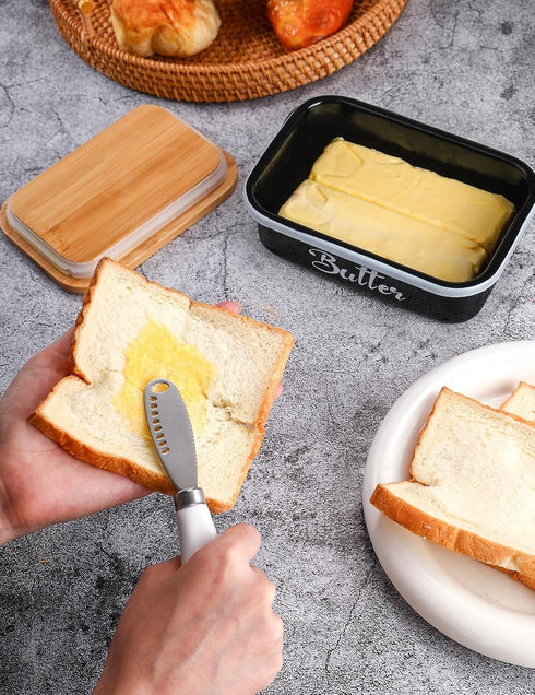 AISBUGUR Metal Butter Dish with Lid, Large Black Butter Keeper with Stainless Steel Knife, Kitchen Gift