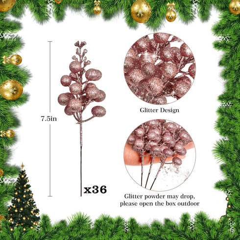 36Pcs 7.5 Inch Rose Gold Christmas Glitter Berries Stems, Artificial Christmas Picks, Glitter Berry Branches, Berry