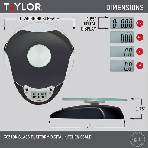 Taylor Digital Kitchen Scale with Glass Platform, Tare Button, and Plastic Body Weighs up to 6.6 Pounds Capacity, Black by Taylor