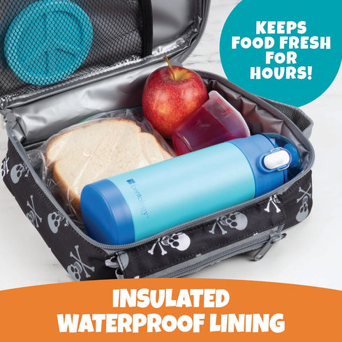 Kids Pirate Insulated Lunch Box with Snack Pocket & Water Bottle Holder - Reusable Bag for Back to School
