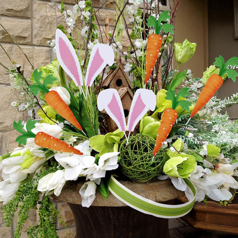16 Easter Decorations Tree Picks Ornaments: pcs Large Pink Bunny Ear Carrots Picks Decorations, Cute Rabbit Ears