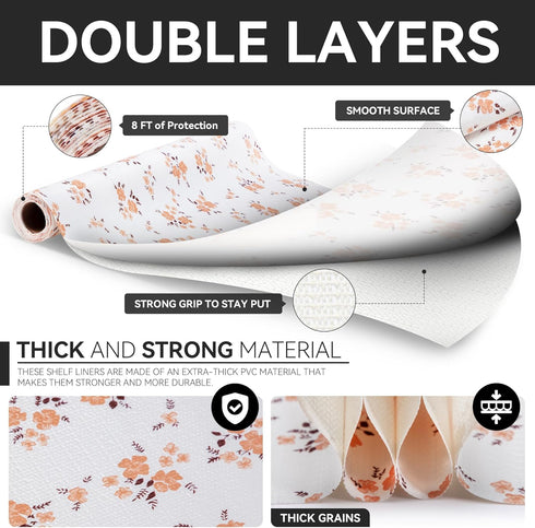 RAY STAR Shelf Liner, Non Adhesive Pink Orange Floral Printed Kitchen Cabinet Liner, Strong Grip Non Slip