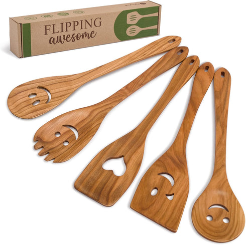 MFC 5-Piece Wooden Cooking Spoons Set, Natural Cherry Wood Kitchen Utensils with Smiley Faces for Cooking