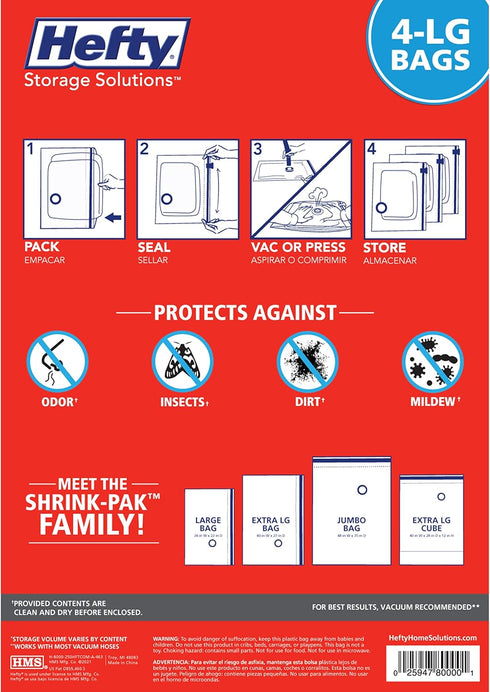 Hefty Shrink-Pak - 4 Large Vacuum Storage Bags for Clothes, Pillows, Towels, or Blankets - Ideal Space Saver Vacuum