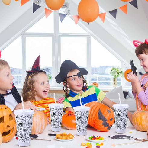Funnymoom 24 24 Oz Pcs Halloween Cups with Lids and Straws Spiderweb Halloween Plastic Cups Bulk White Mugs for Kids