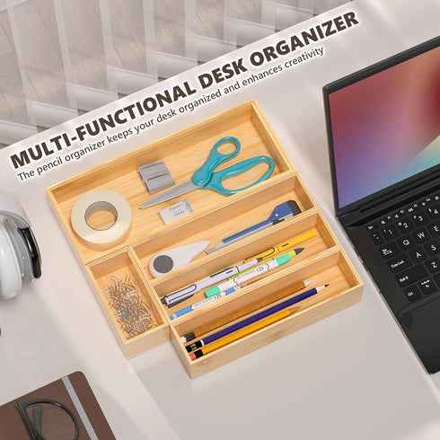 Kitchen Drawer Organizer Bins, Stackable Bamboo Drawer Organizer for Silverware, Deep Drawer Organizers for Storage