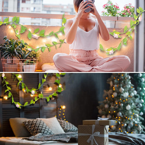 2 Packs 48 Vigdur Vine Lights - Tiny Leaf Ivy String Lights with Cherry Blossom Lights Battery Powered Waterproof Fairy