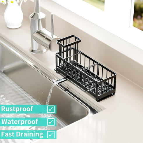 Countertop HapiRm Sponge Holder for Kitchen Sink - Self-draining Sink Caddy with Brush and Dishcloth Holders, Stainless