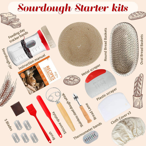 SWIMMORY Supplies,34oz 2 Sourdough Starter Kit,Gift for Bakers Sourdough Bread Baking Starter Jar, Cotton Rope Proofing
