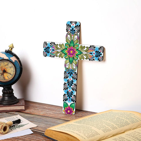 Floral Cross Wall Decor - Hand Painted Inspirational Wooden Cross, Mexican Art for Home Room Church Decoration