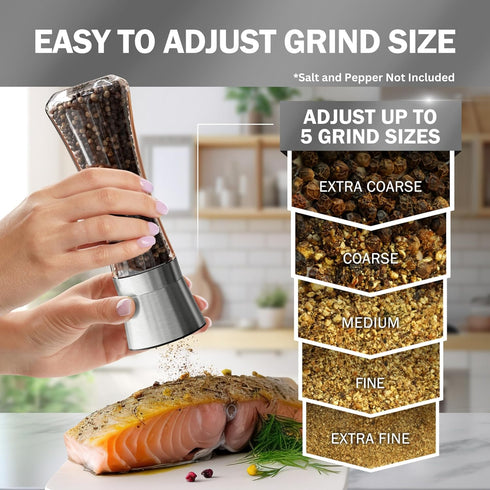 Set 2 Home EC Premium Stainless Steel Sea Salt and Pepper Grinder of - Adjustable Ceramic - Tall Glass Salt and Pepper