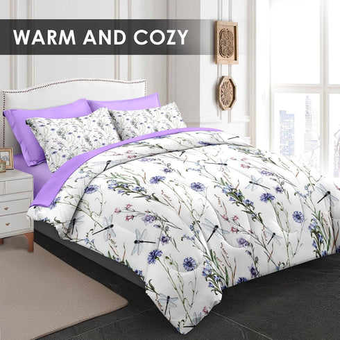 Set 5 Sets Pamnest Comforter Twin Size, Botanical Flower Dragonfly Pcs Bedding for Kids and Adults, Herb Plant