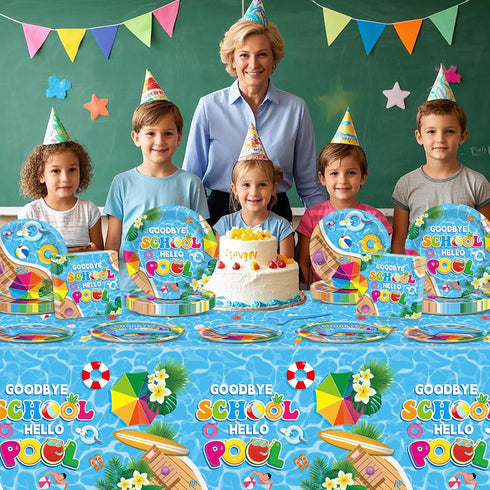 Set Summer 24 Goodbye School Hello Pool Tableware for Kids Class End of Schools Year Theme Supplies School's Out Plates