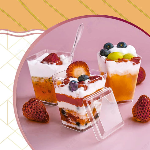 4M's 100 Pack 5 oz (100) Plastic Dessert Cups with Lids, Yogurt Parfait/Appetizer Cup with Lids for Party, Mini Dessert