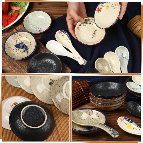 Tioncy Set of 12 Japanese Retro Style Tableware, 6 Pcs Asian Soup Spoons, 6 Pcs Ramen Spoons, 3.8 Inch Rice Spoon