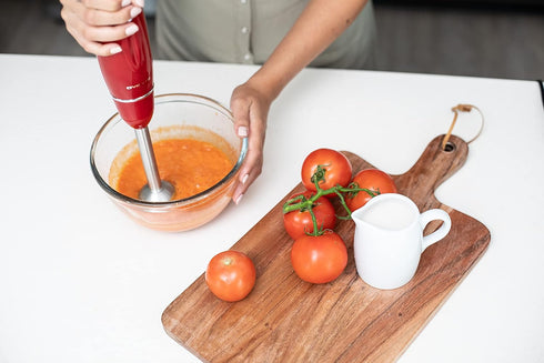 OVENTE Immersion Electric Hand Blender, 300 Watt Power with Stainless Steel Blades, Includes Whisk and Chopper, Red