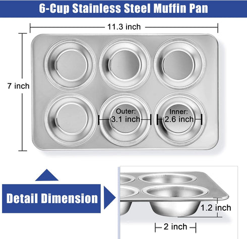 TeamFar Muffin Pan, 6 Cup Stainless Steel Muffin Tin Tray Set for Baking Cakes, Cornbread, Quiche, Oven & Dishwasher