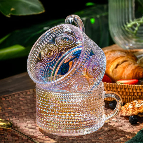 Gezzeny 14 Oz Set 2 Vintage Glass Coffee Mugs of Iridescent Embossed, Tea Cups,Glass Coffee Cups for Cappuccino