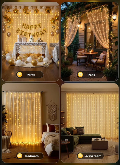 300 9.8 8 Brightown LED Curtain Lights, FT Plug in Fairy Lights for Bedroom, Lighting Modes, Christmas String Lights