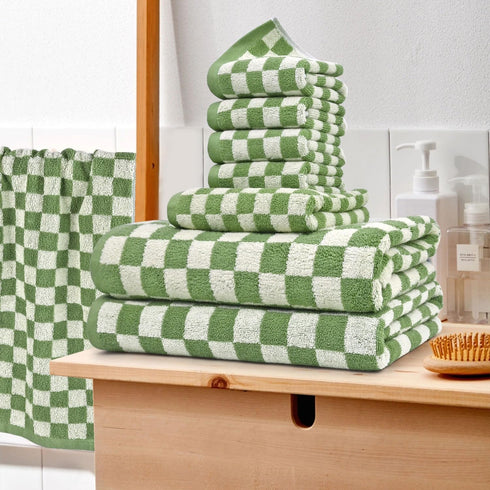 Set 8, 2 2 4 Jacquotha Green Checkered Towels of Cotton Towels for Bathroom, Bath, Hand, Washcloths, Soft Absorbent