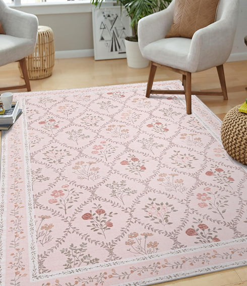 5x7 YIHOUSE Pink Floral Rug for Bedroom Girls, Washable Area Rugs for Living Room Non Slip Ultra-Thin, Soft Throw
