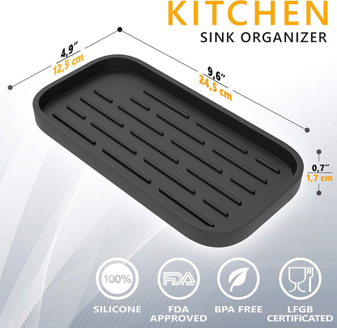 ZAPPOWARE Kitchen Sink Organizer, Silicone Sponge Holder Storage Tray for Dish Sponge, 9.6"x 4.9" (Black)