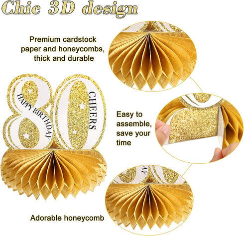 Outus 8 Pcs 80th Birthday Table Decorations, Black Gold Honeycomb Centerpieces for 80 Years Anniversary