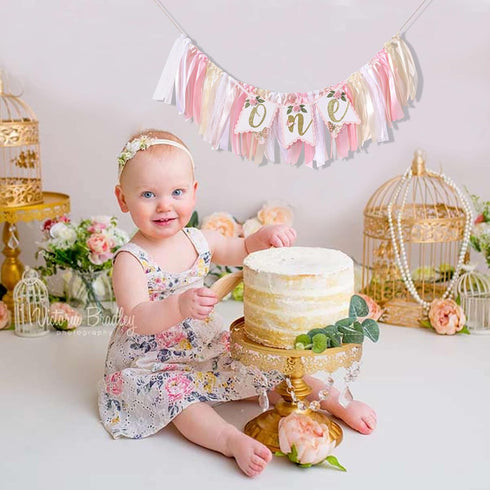 Agkvw 1st 1st Pink and Gold High Chair Banner- Floral and Butterfly One Highchair Banner, Birthday Party Decoration
