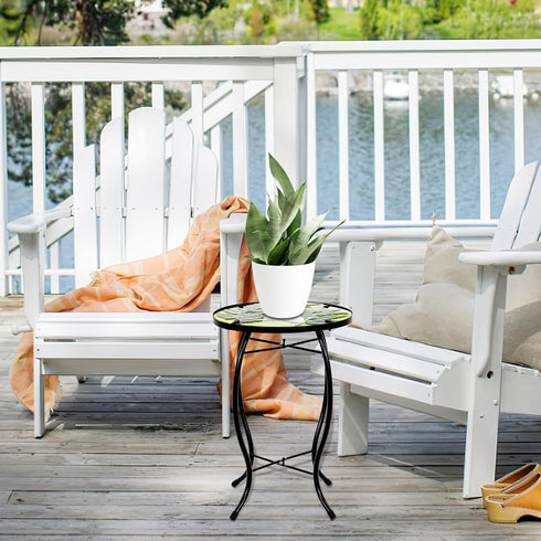 Decor10 Inch Subtropical Leaf Small Patio Table,Outdoor Side Table,Outdoor Bar Table,Metal Glass End Table for Porch