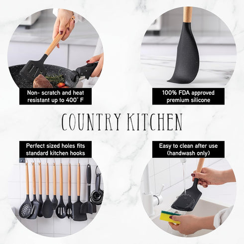 Country Kitchen Cooking Utensils Set - 40 pcs Non-stick Silicone Spatula Set with Holder and Wooden Handles