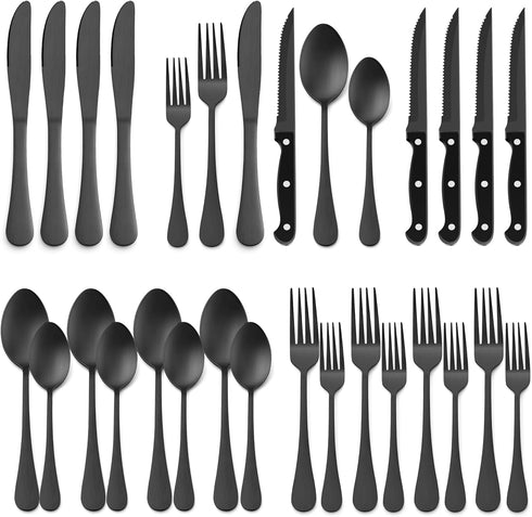 E-far 24-Piece Black Silverware Set - Stainless Steel Flatware Cutlery Set for 4, Matte Black Eating Utensils