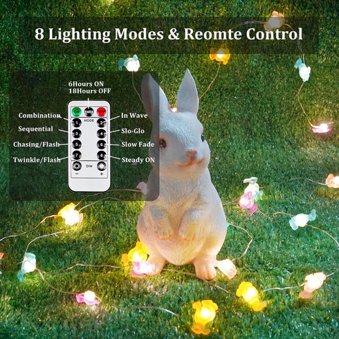 8 EXF Easter Decorations Bunny Pastel Fairy Lights, Battery Operated with Remote & Modes & Timer, Waterproof Easter