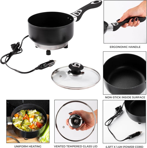 ZONETECH 12V Portable Non-Stick SaucePan with Glass Lid, 2 Quart, Stay-Cool Handles, Rapid Heat Up, Perfect for Camping