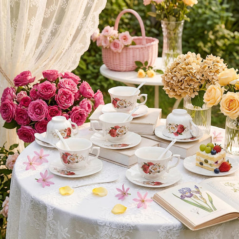 Set 6, 6 oz Set, Foraineam Tea Cup and Saucer of Porcelain Ivory Rose Tea Cups with Saucers and Spoons, Floral Coffee