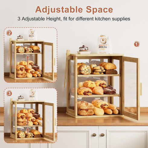 Countertop, 3 WOWLIVE Bamboo Bread Box for Kitchen Large Layers Bread Storage Container for Homemade Bread with Window
