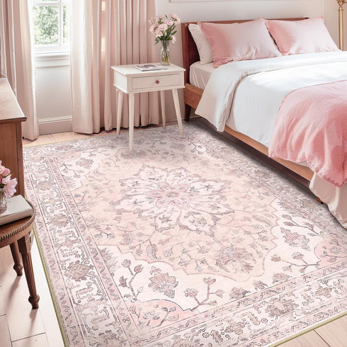 5'x7' RELEANY Area Rugs Washable Non-Slip, Floral Vintage Distress Print Pattern Medallion Carpet for Living Room