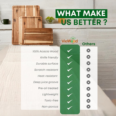 Set 3 (17x12, 12x10, 12x7 Inch) VieWood Acacia Wood Cutting Board of for Kitchen, Serving, Charcuterie and Food Prep