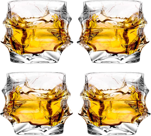 12 oz Hand Blown Crystal Whiskey Glasses Set of 4, Unique Cognac Glass, Heavy Thick Bottom Bar Glass for Gifts