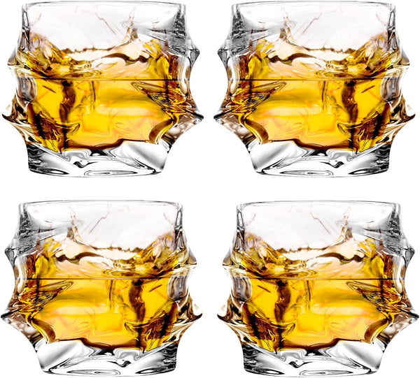 12 oz Hand Blown Crystal Whiskey Glasses Set of 4, Unique Cognac Glass, Heavy Thick Bottom Bar Glass for Gifts